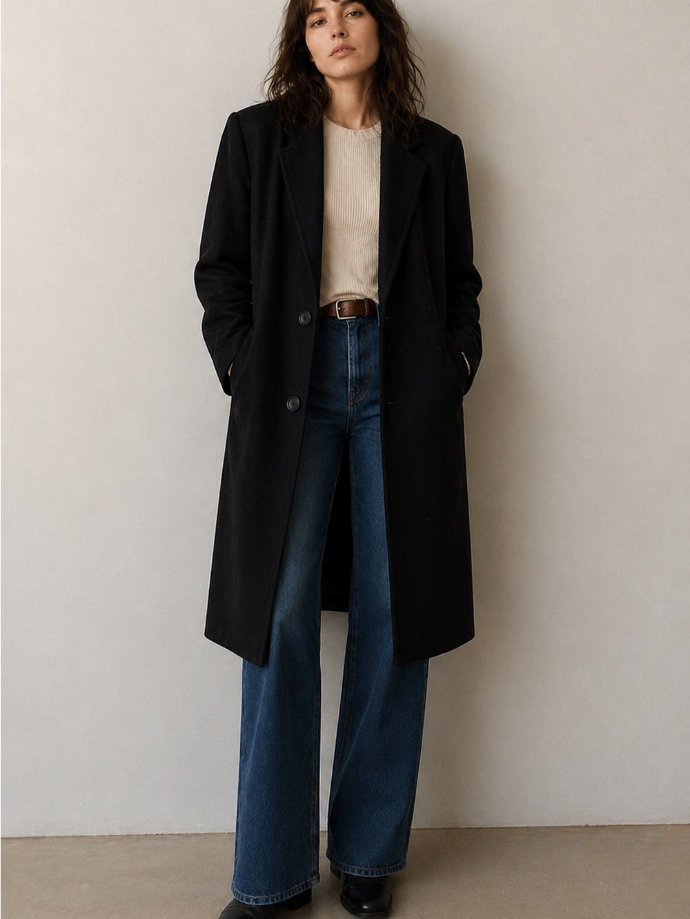 Vintage Black Wool Overcoat USA Made Minimalist Long Blazer Distressed‎